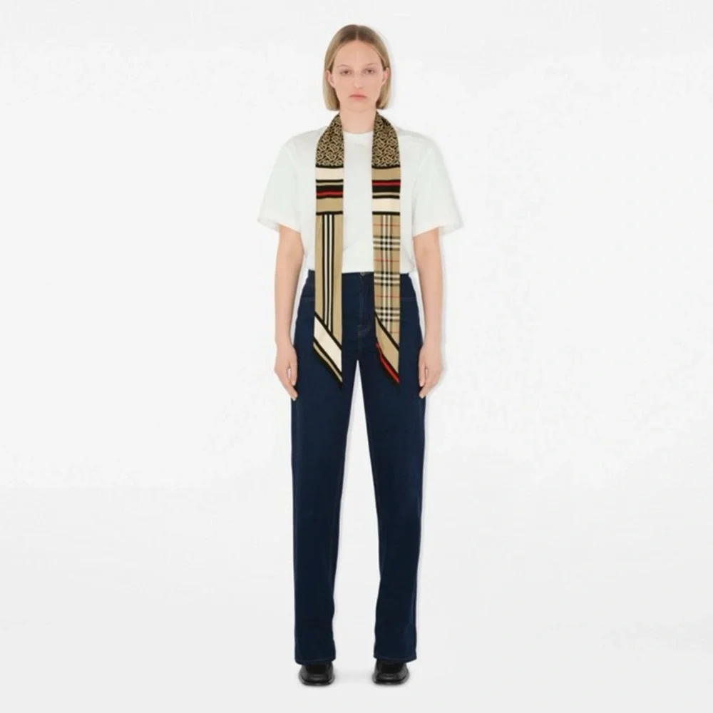 Burberry Skinny Montage Silk Scarf in Archival Beige - Picture 2 of 10